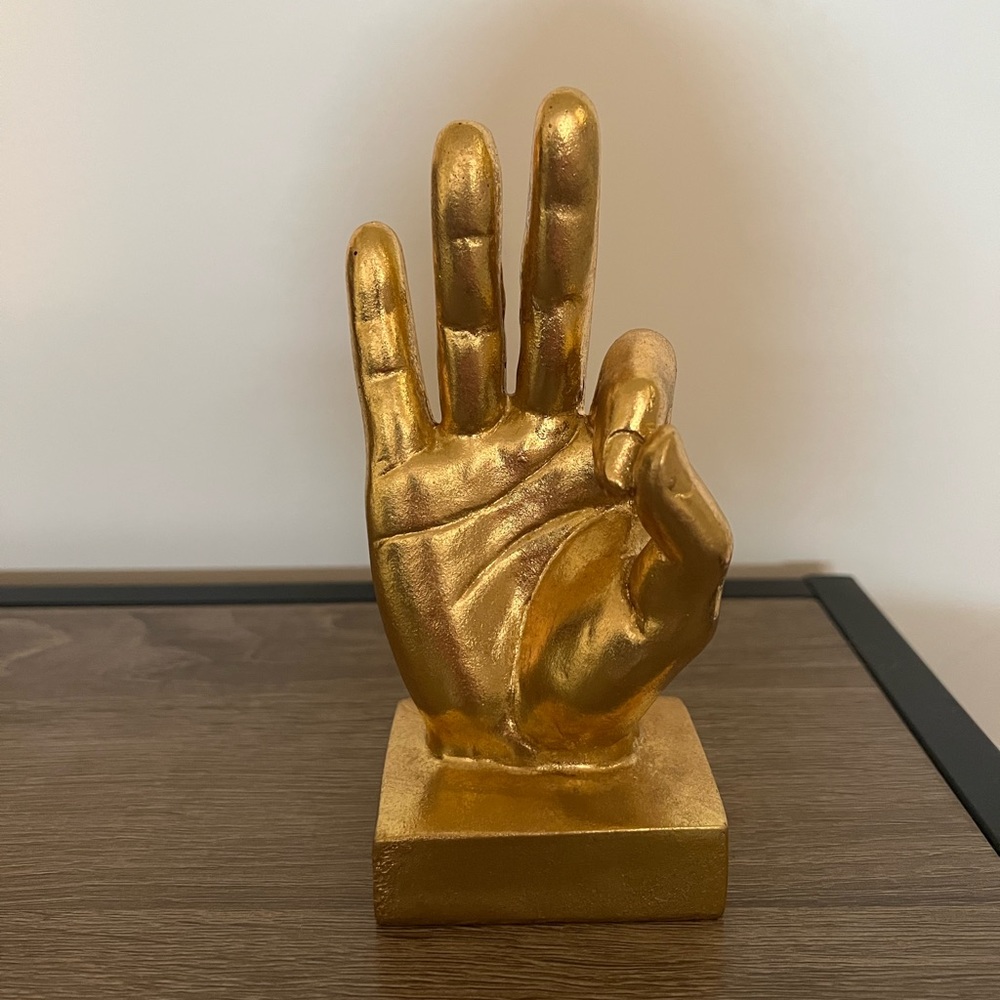 PRICE DROP! Faux gold “ok” figurine hand stand, 7 inches tall